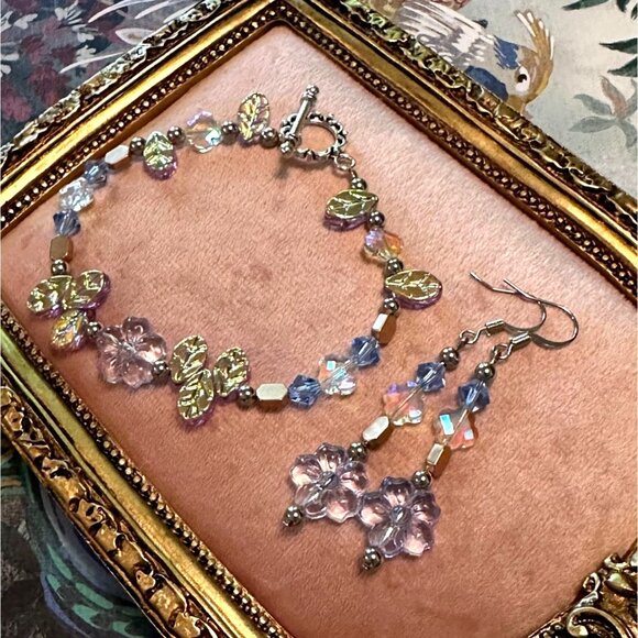 Handmade Jewelry - Handmade Crystal Flower Bracelet & Earrings Set With Toggle Clasp Floral Acce